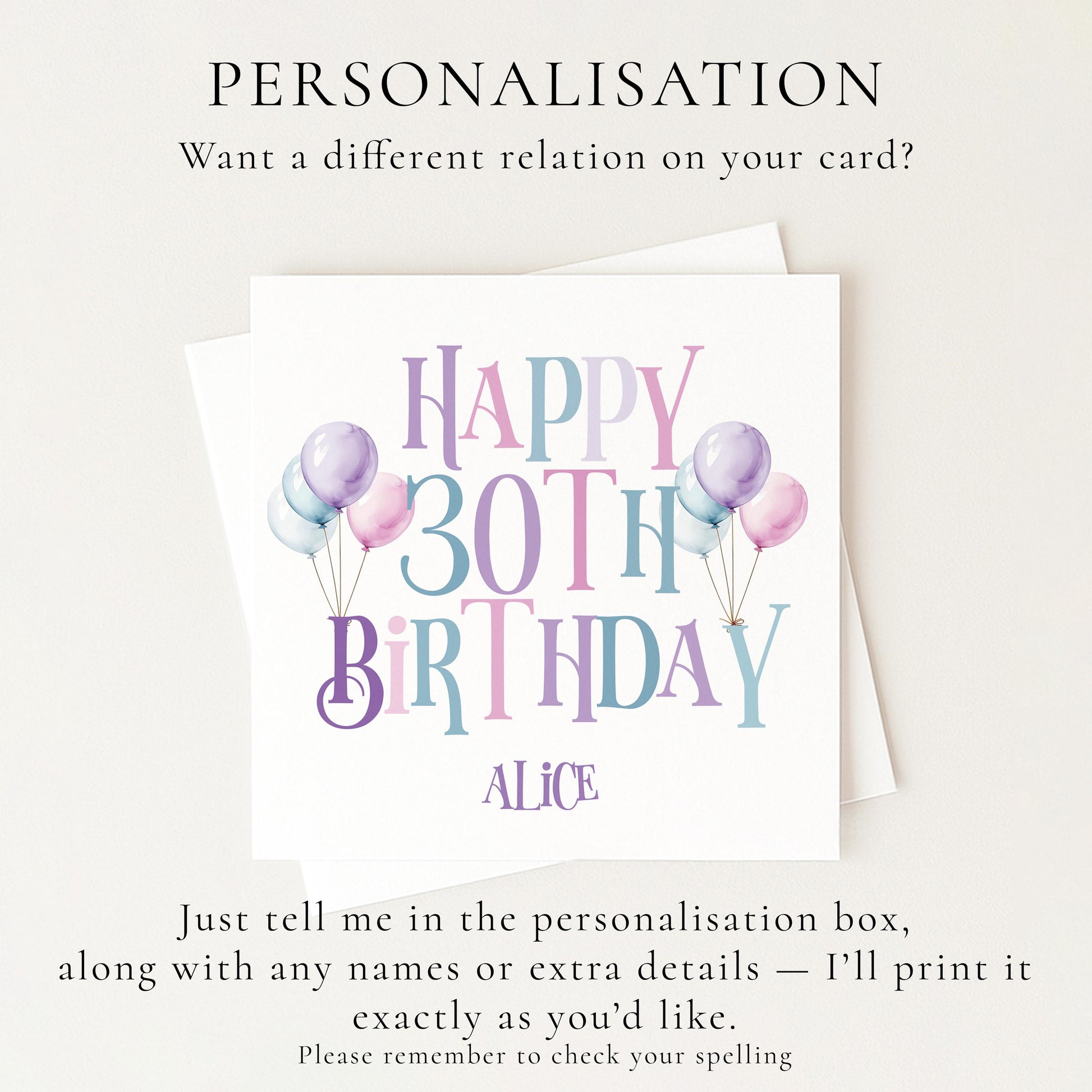 30th Birthday Card for Her, Happy 30th Birthday Card, Balloon Birthday Card, Personalised Birthday Card