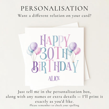 30th Birthday Card for Her, Happy 30th Birthday Card, Balloon Birthday Card, Personalised Birthday Card