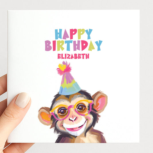 Birthday Card for Child, Cute Monkey Birthday Card, Personalised Kids Birthday Card, Fun Colourful Birthday Card