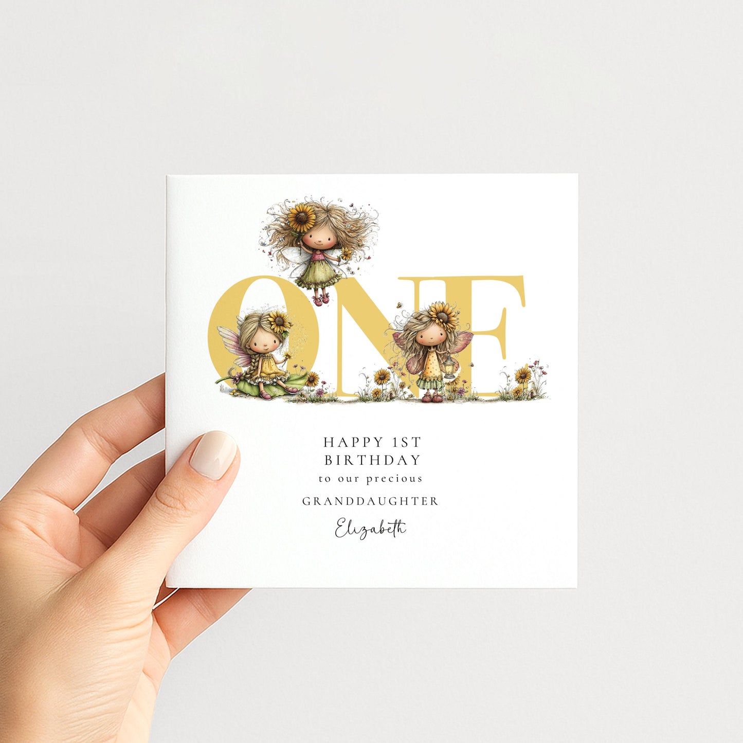 1st Birthday Card for Granddaughter, Sunflower Fairy Birthday Card, Personalised First Birthday Keepsake