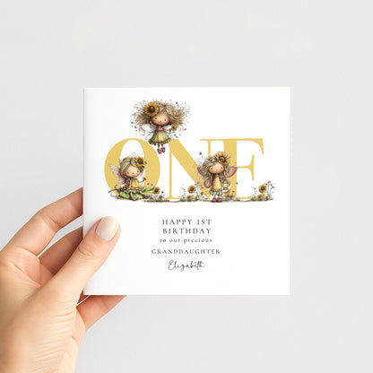 1st Birthday Card for Granddaughter, Sunflower Fairy Birthday Card, Personalised First Birthday Keepsake