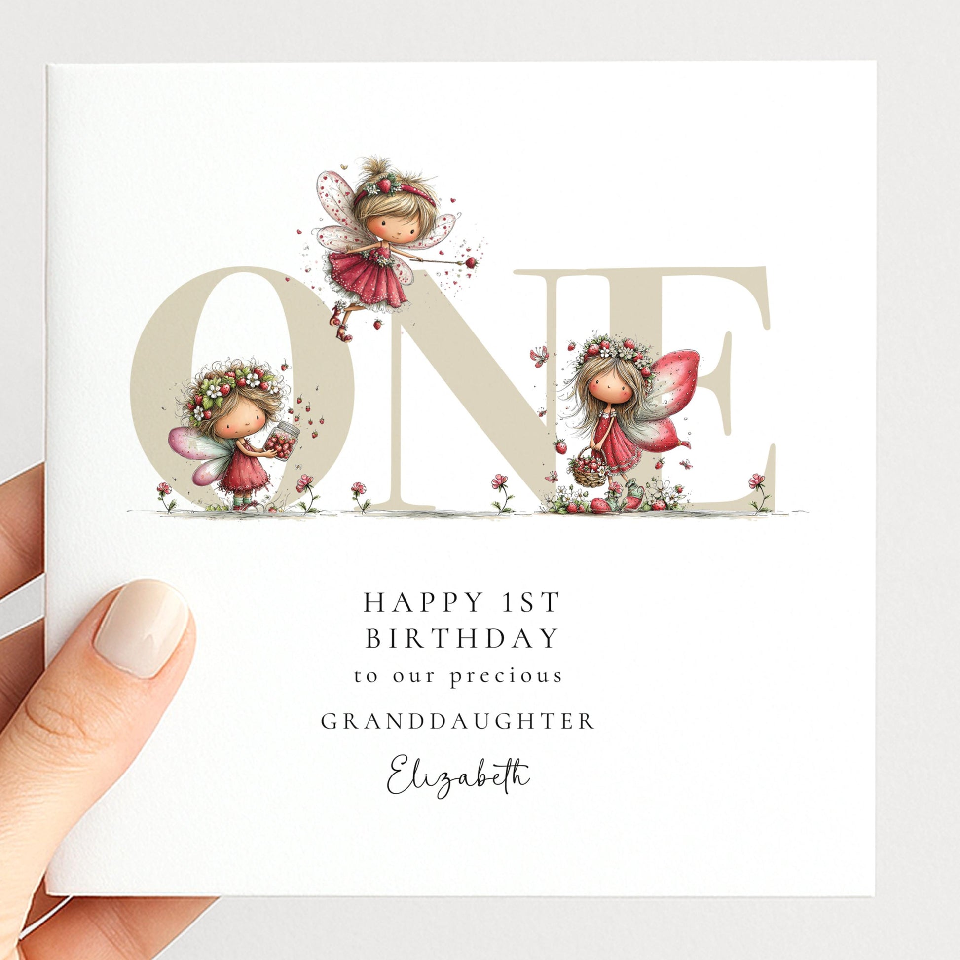 1st Birthday Card for Granddaughter, Strawberry Fairy Birthday Card, Personalised First Birthday Keepsake