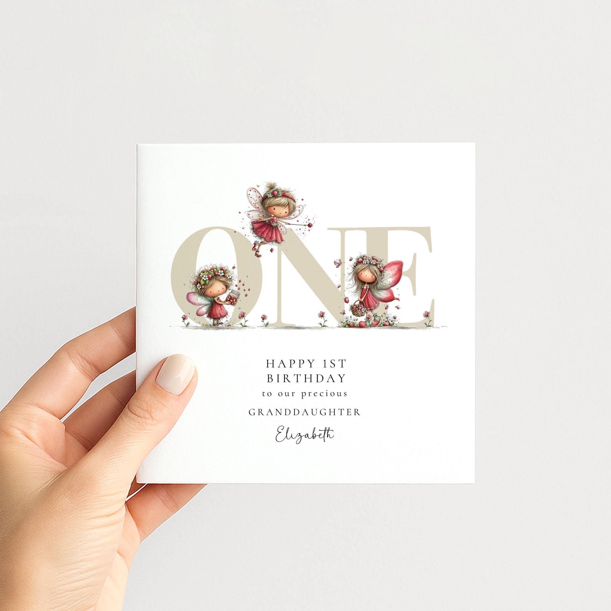 1st Birthday Card for Granddaughter, Strawberry Fairy Birthday Card, Personalised First Birthday Keepsake