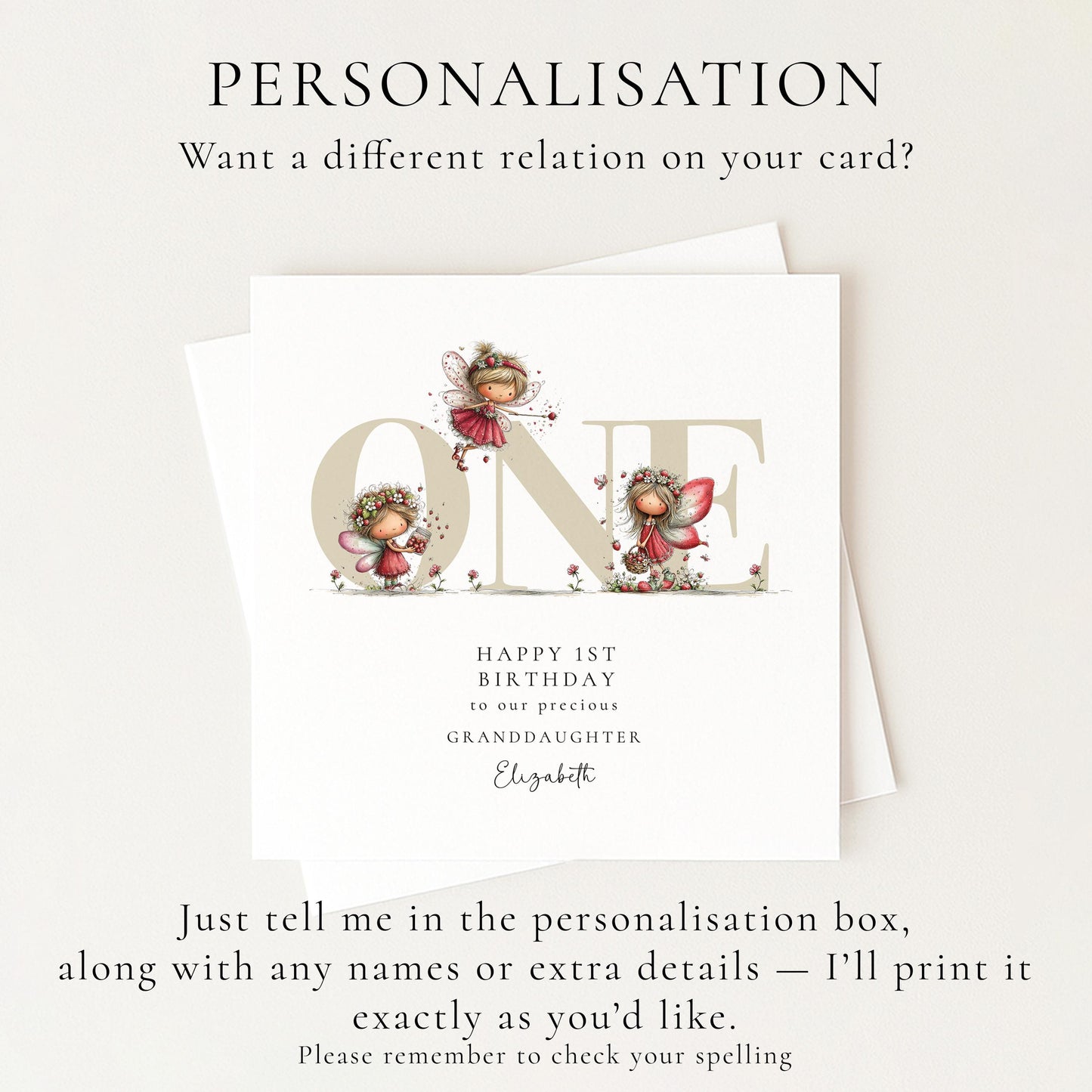 1st Birthday Card for Granddaughter, Strawberry Fairy Birthday Card, Personalised First Birthday Keepsake