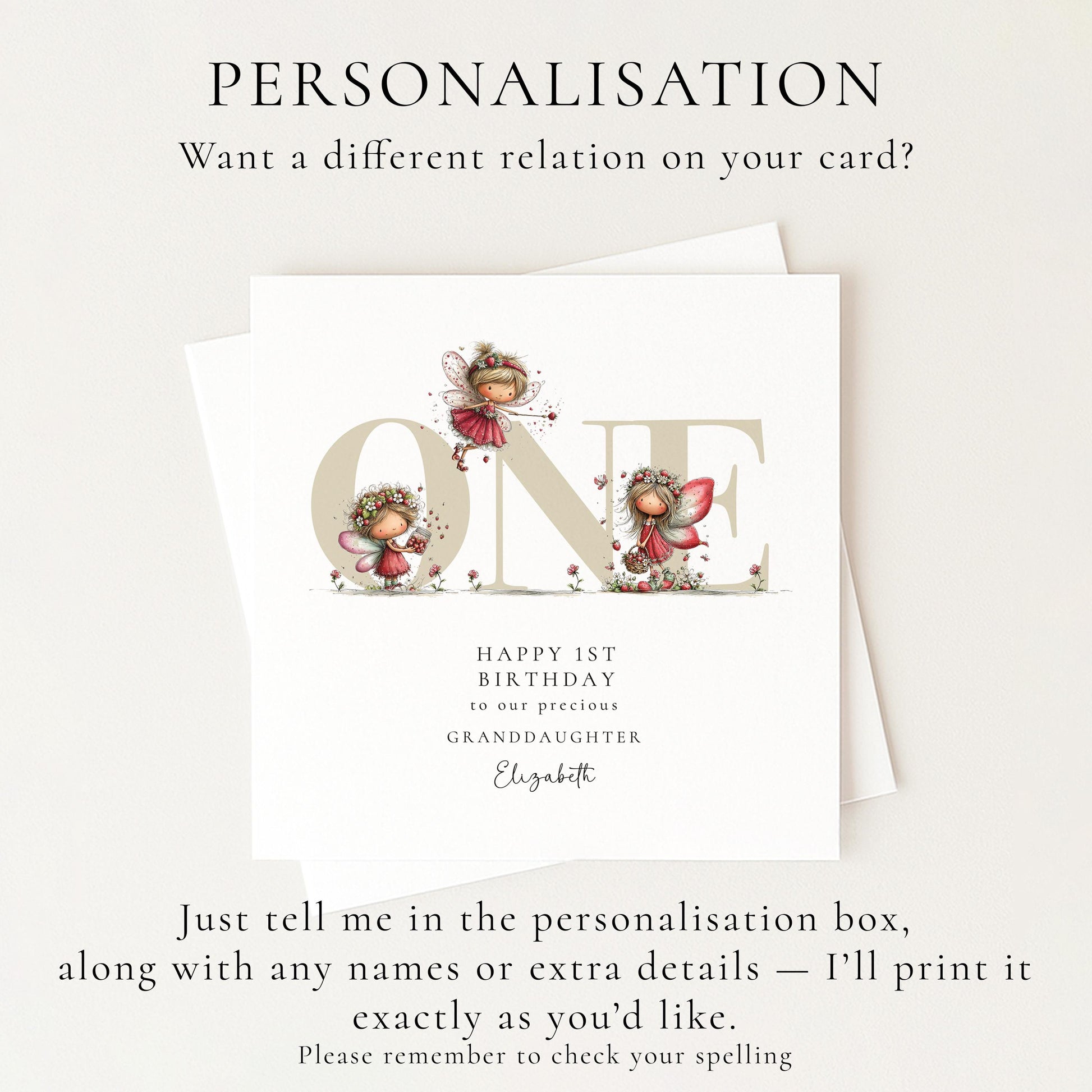 1st Birthday Card for Granddaughter, Strawberry Fairy Birthday Card, Personalised First Birthday Keepsake