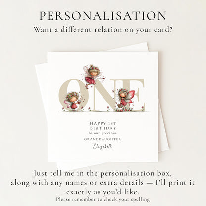 1st Birthday Card for Granddaughter, Strawberry Fairy Birthday Card, Personalised First Birthday Keepsake