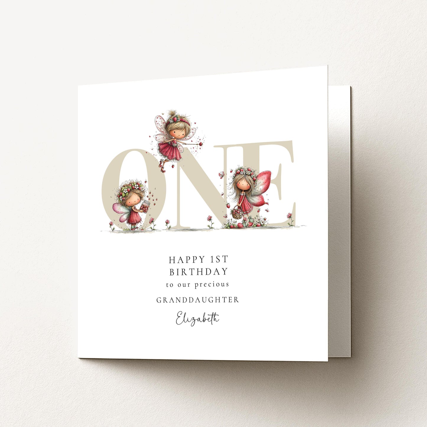 1st Birthday Card for Granddaughter, Strawberry Fairy Birthday Card, Personalised First Birthday Keepsake