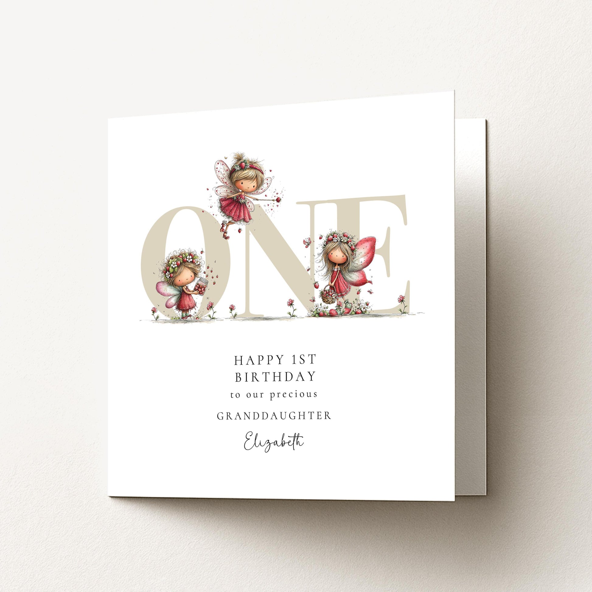 1st Birthday Card for Granddaughter, Strawberry Fairy Birthday Card, Personalised First Birthday Keepsake