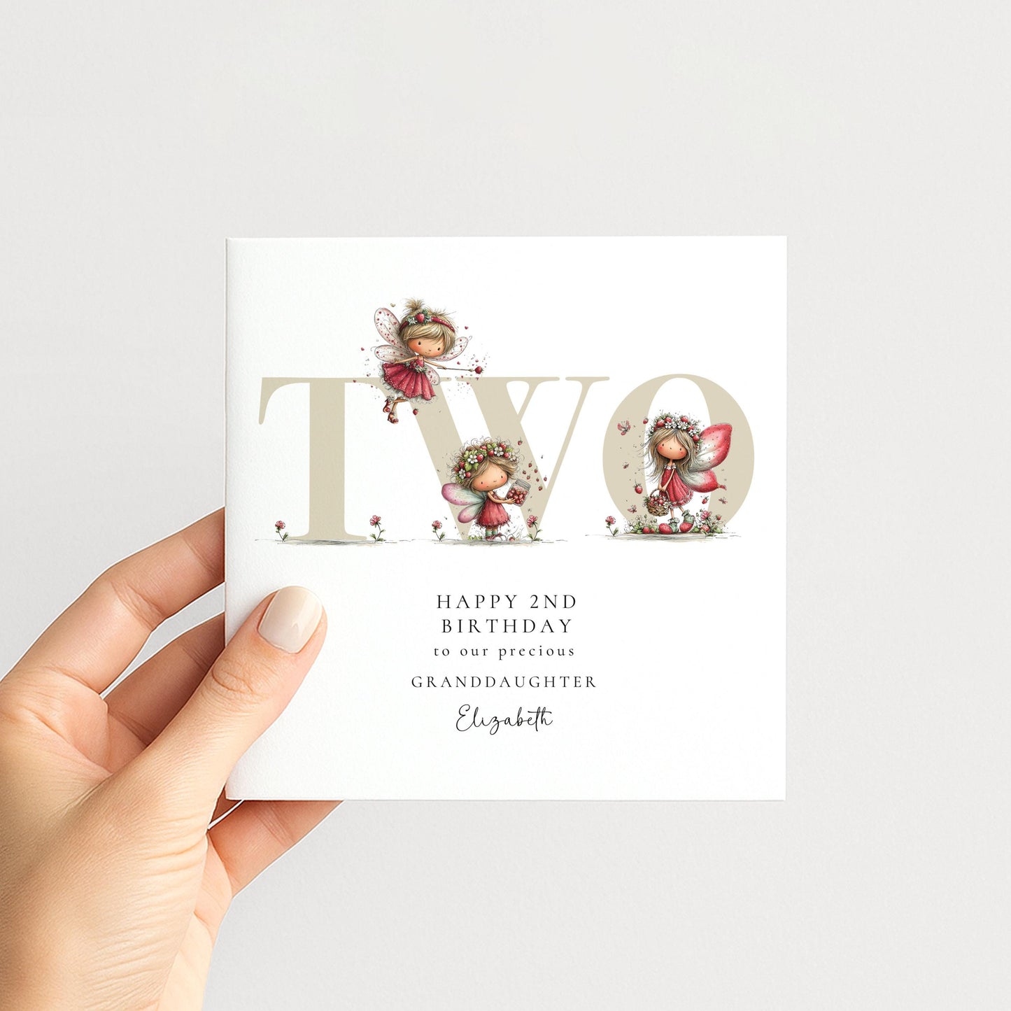 2nd Birthday Card for Granddaughter, Strawberry Fairy Birthday Card, Personalised Second Birthday Keepsake