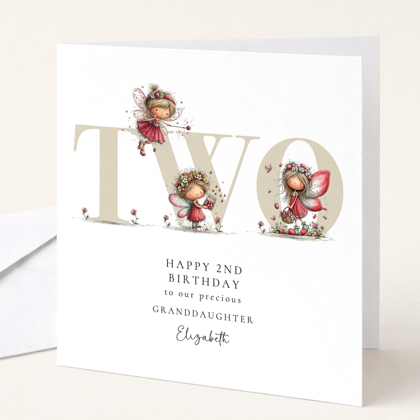 2nd Birthday Card for Granddaughter, Strawberry Fairy Birthday Card, Personalised Second Birthday Keepsake
