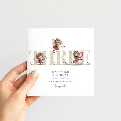 3rd Birthday Card for Granddaughter, Strawberry Fairy Birthday Card, Personalised Third Birthday Keepsake