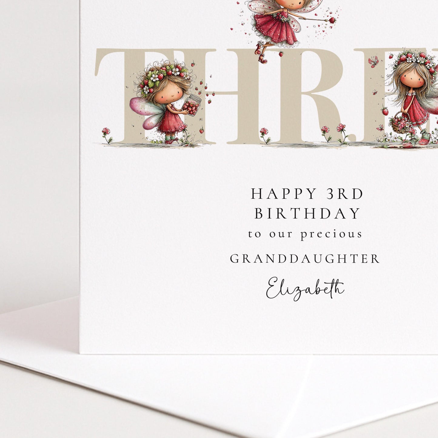 3rd Birthday Card for Granddaughter, Strawberry Fairy Birthday Card, Personalised Third Birthday Keepsake