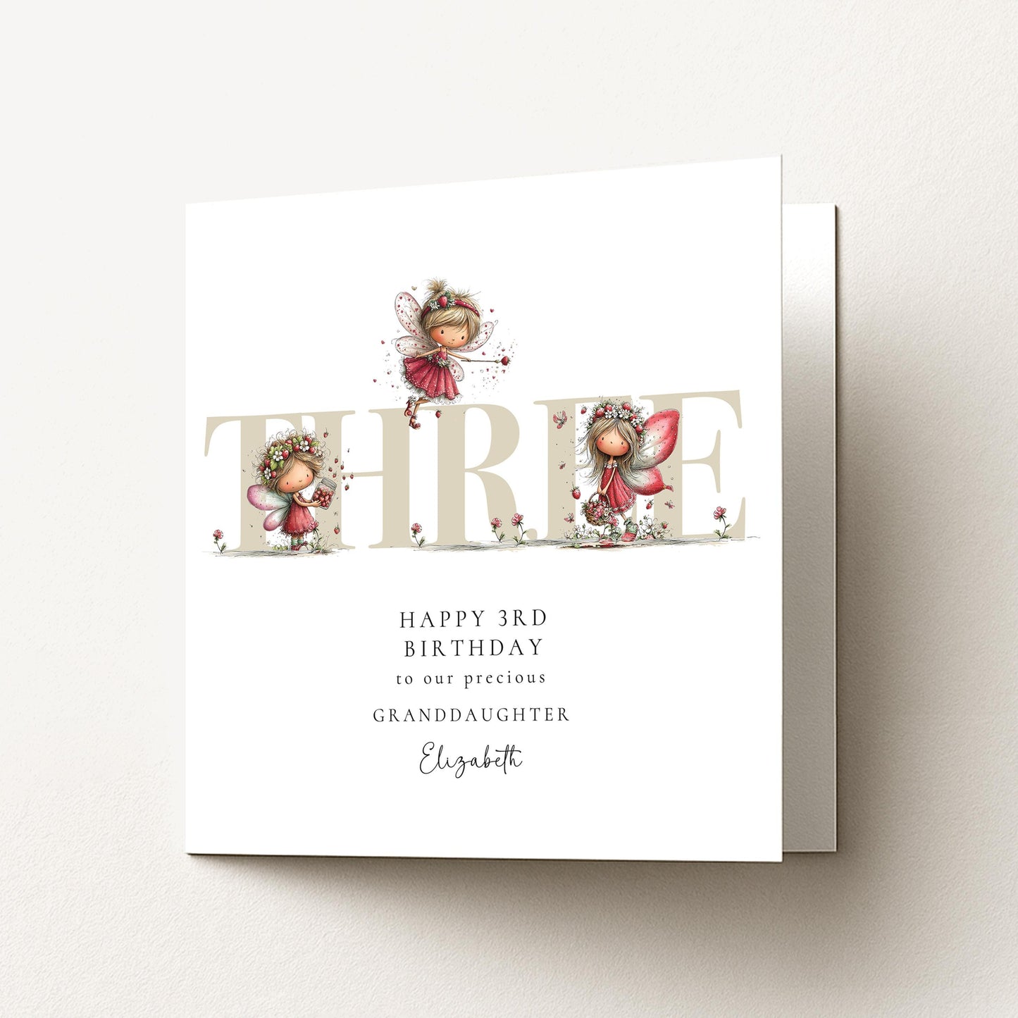 3rd Birthday Card for Granddaughter, Strawberry Fairy Birthday Card, Personalised Third Birthday Keepsake