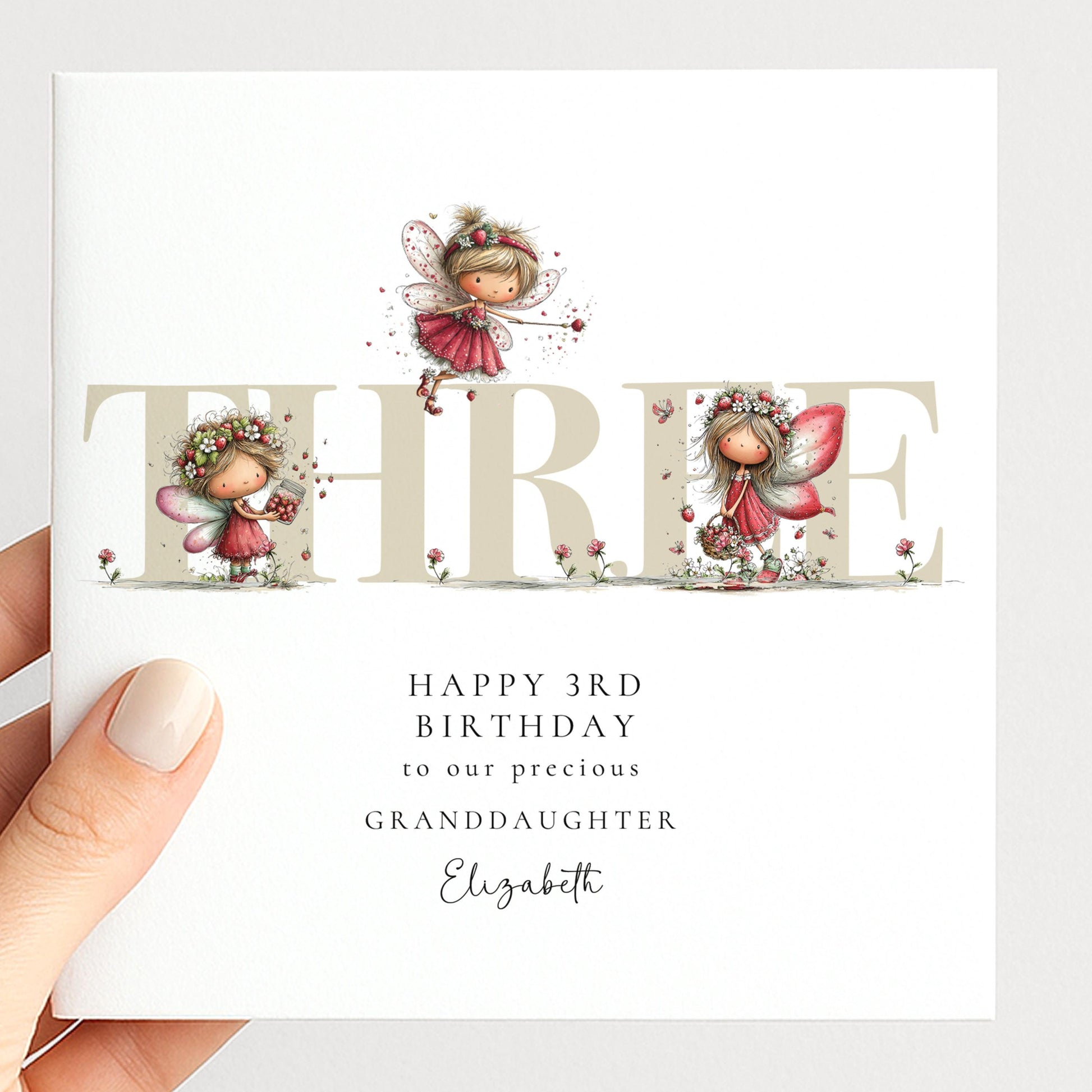 3rd Birthday Card for Granddaughter, Strawberry Fairy Birthday Card, Personalised Third Birthday Keepsake
