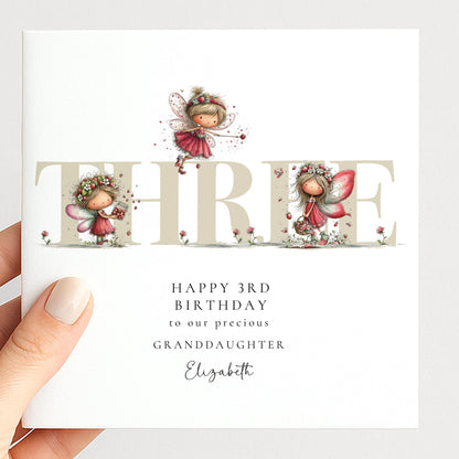 3rd Birthday Card for Granddaughter, Strawberry Fairy Birthday Card, Personalised Third Birthday Keepsake