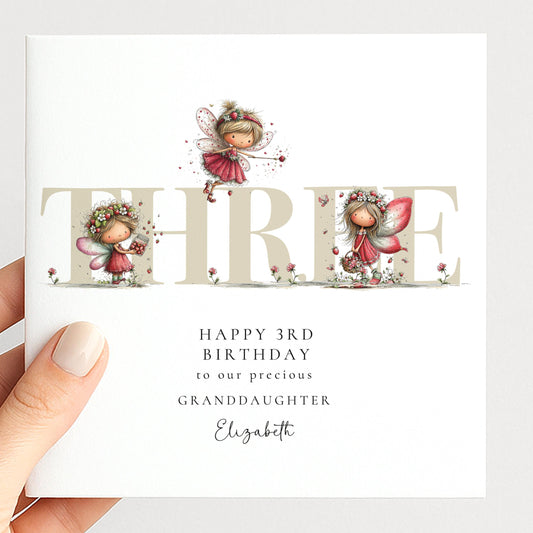 3rd Birthday Card for Granddaughter, Strawberry Fairy Birthday Card, Personalised Third Birthday Keepsake