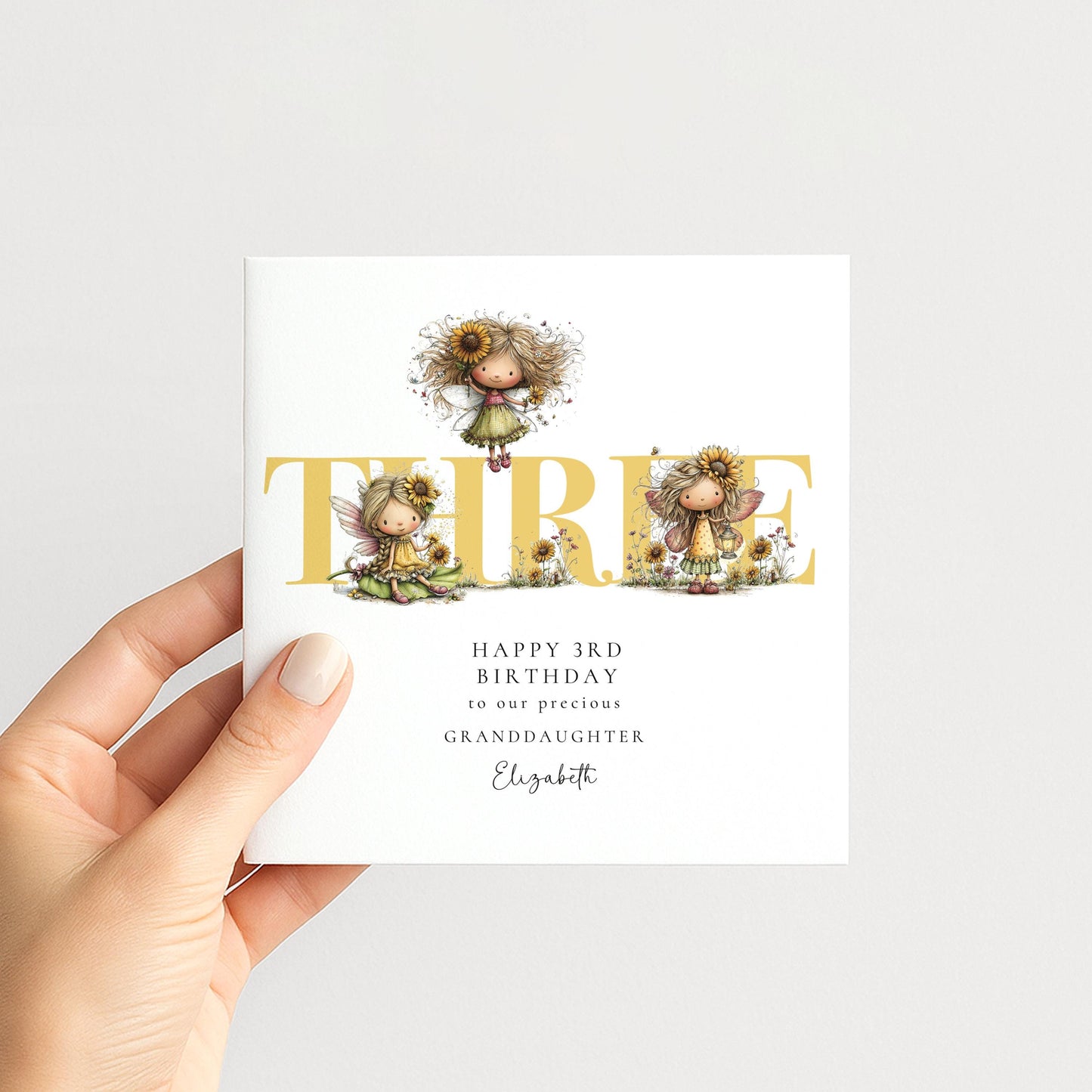 3rd Birthday Card for Granddaughter, Sunflower Fairy Birthday Card, Personalised Third Birthday Keepsake