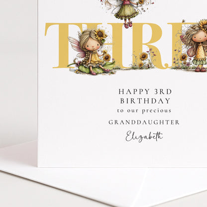 3rd Birthday Card for Granddaughter, Sunflower Fairy Birthday Card, Personalised Third Birthday Keepsake