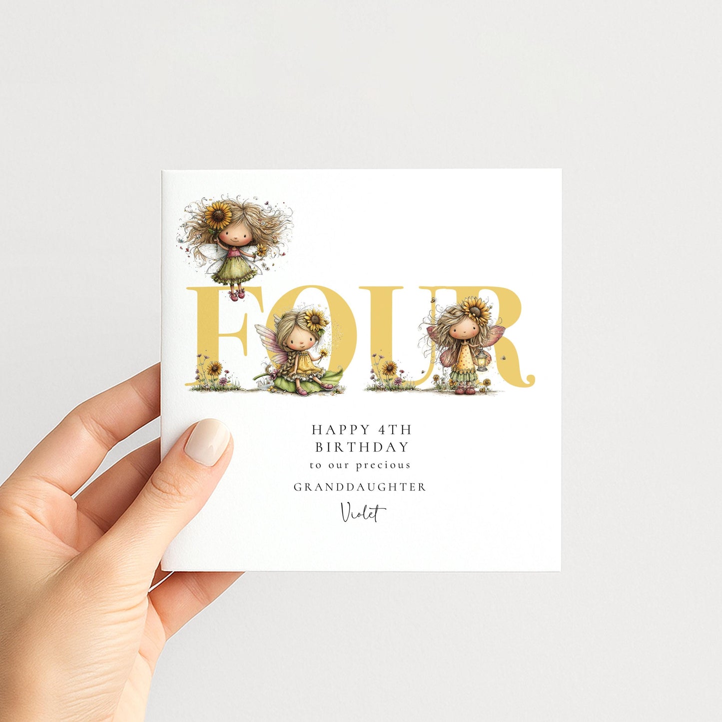 4th Birthday Card for Granddaughter, Sunflower Fairy Birthday Card, Personalised Fourth Birthday Keepsake