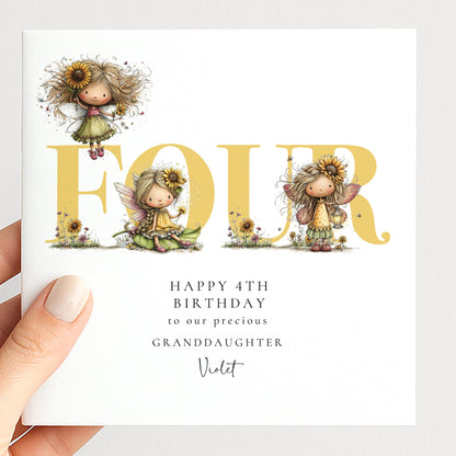 4th Birthday Card for Granddaughter, Sunflower Fairy Birthday Card, Personalised Fourth Birthday Keepsake