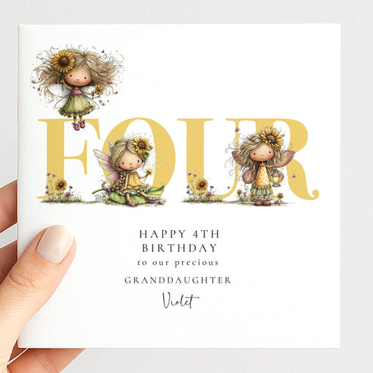 4th Birthday Card for Granddaughter, Sunflower Fairy Birthday Card, Personalised Fourth Birthday Keepsake