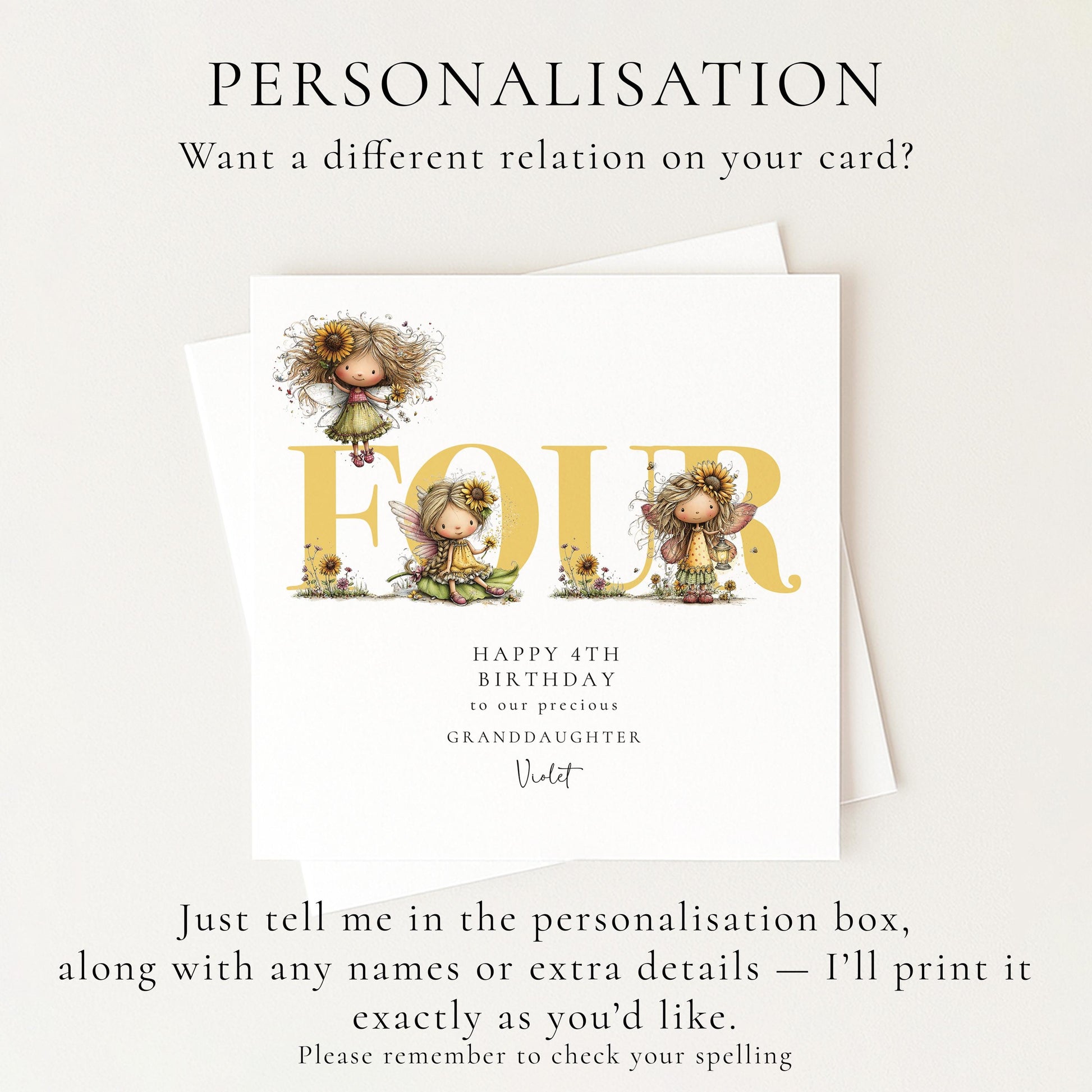 4th Birthday Card for Granddaughter, Sunflower Fairy Birthday Card, Personalised Fourth Birthday Keepsake