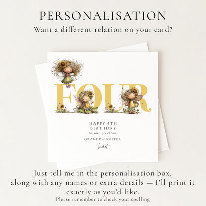 4th Birthday Card for Granddaughter, Sunflower Fairy Birthday Card, Personalised Fourth Birthday Keepsake