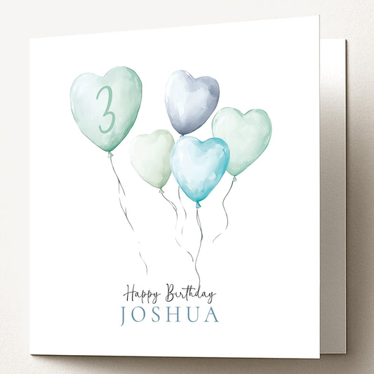 3rd Birthday Card for Boy, Personalised Birthday Card with Heart Balloons, Modern Children’s Birthday Card