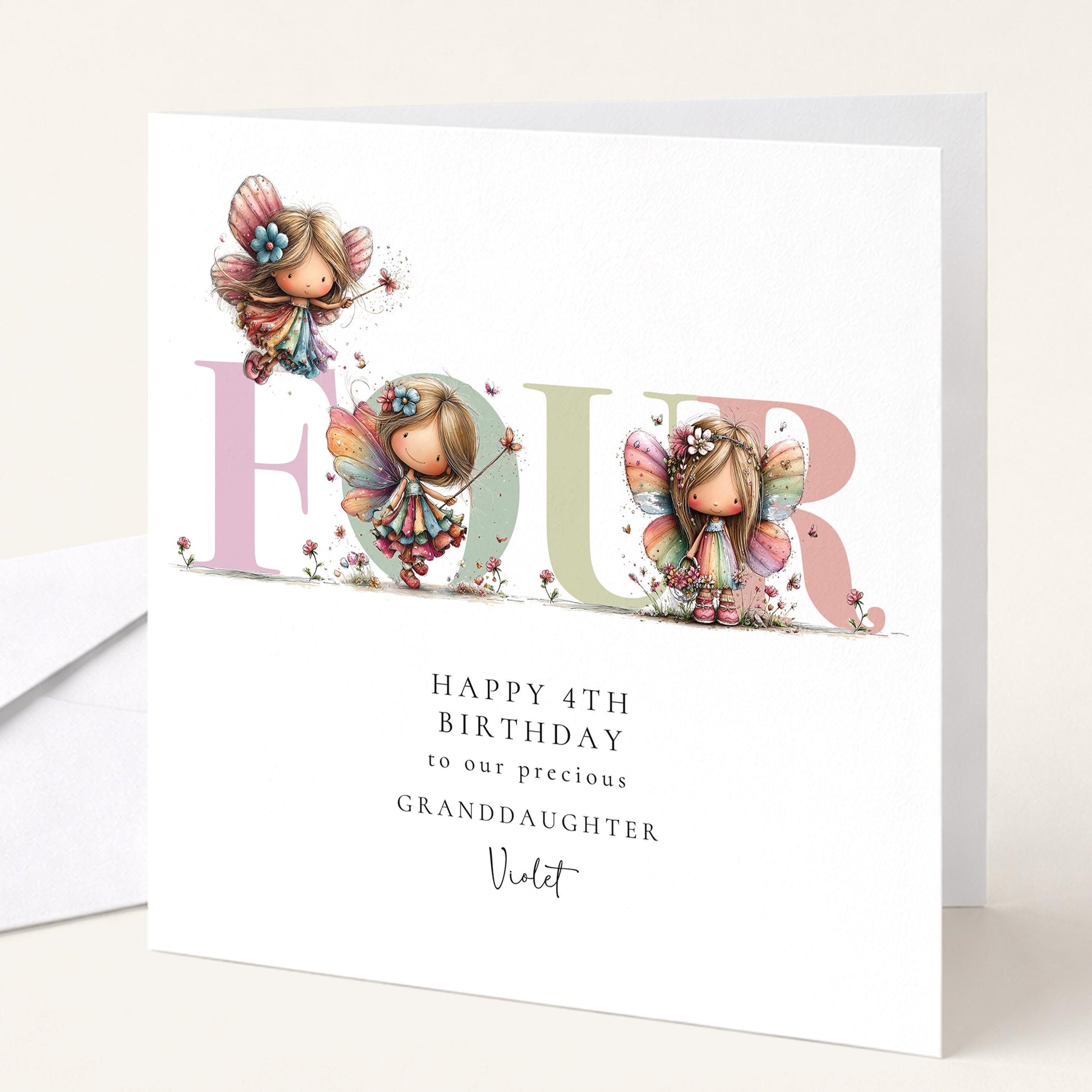 Personalized Granddaughter 4th Birthday Card, Fairy Keepsake