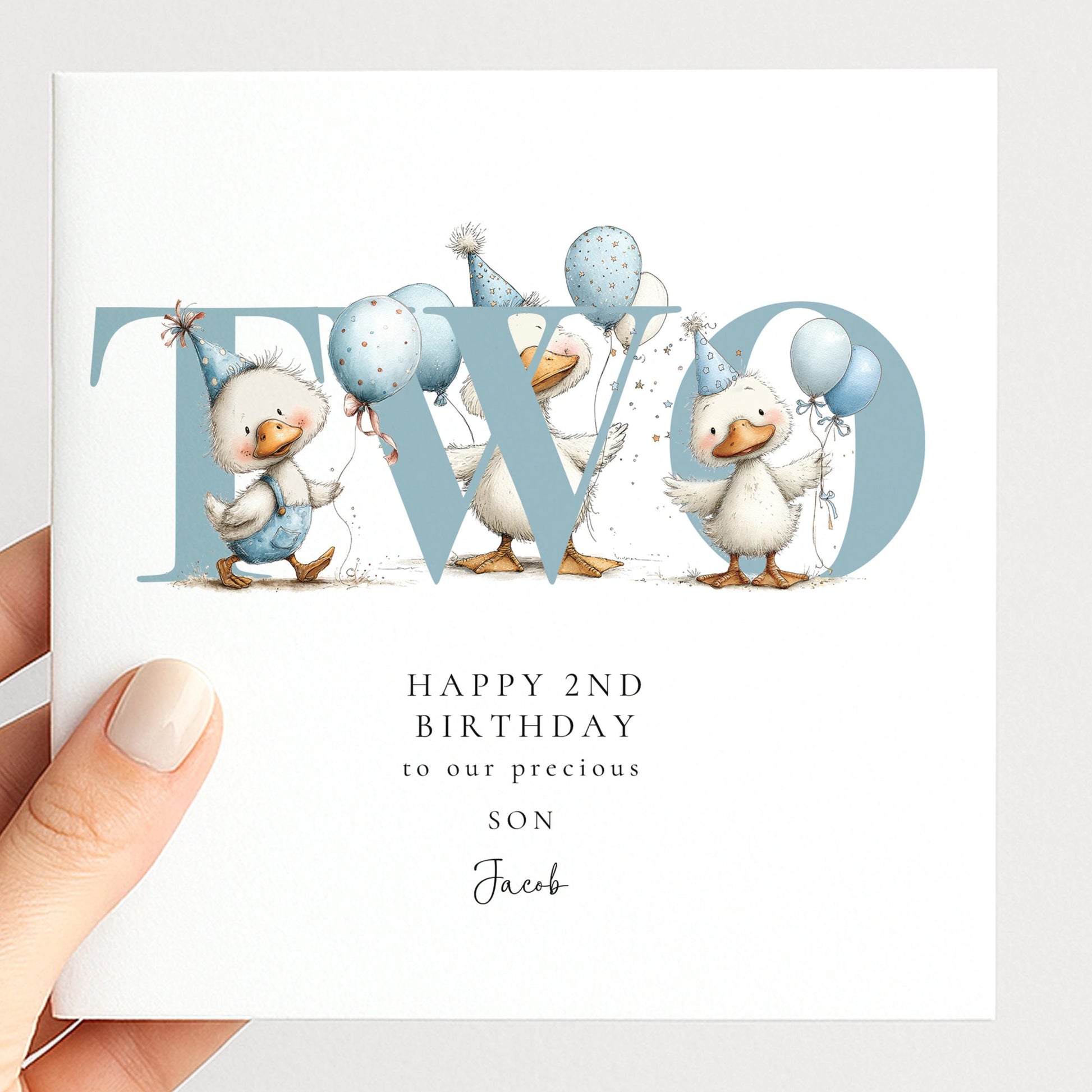 2nd Birthday Card for Son, Duck Birthday Card, Personalised Second Birthday Card, Cute Animal Birthday Card
