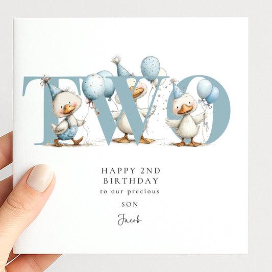 2nd Birthday Card for Son, Duck Birthday Card, Personalised Second Birthday Card, Cute Animal Birthday Card