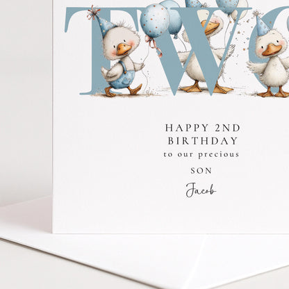 2nd Birthday Card for Son, Duck Birthday Card, Personalised Second Birthday Card, Cute Animal Birthday Card
