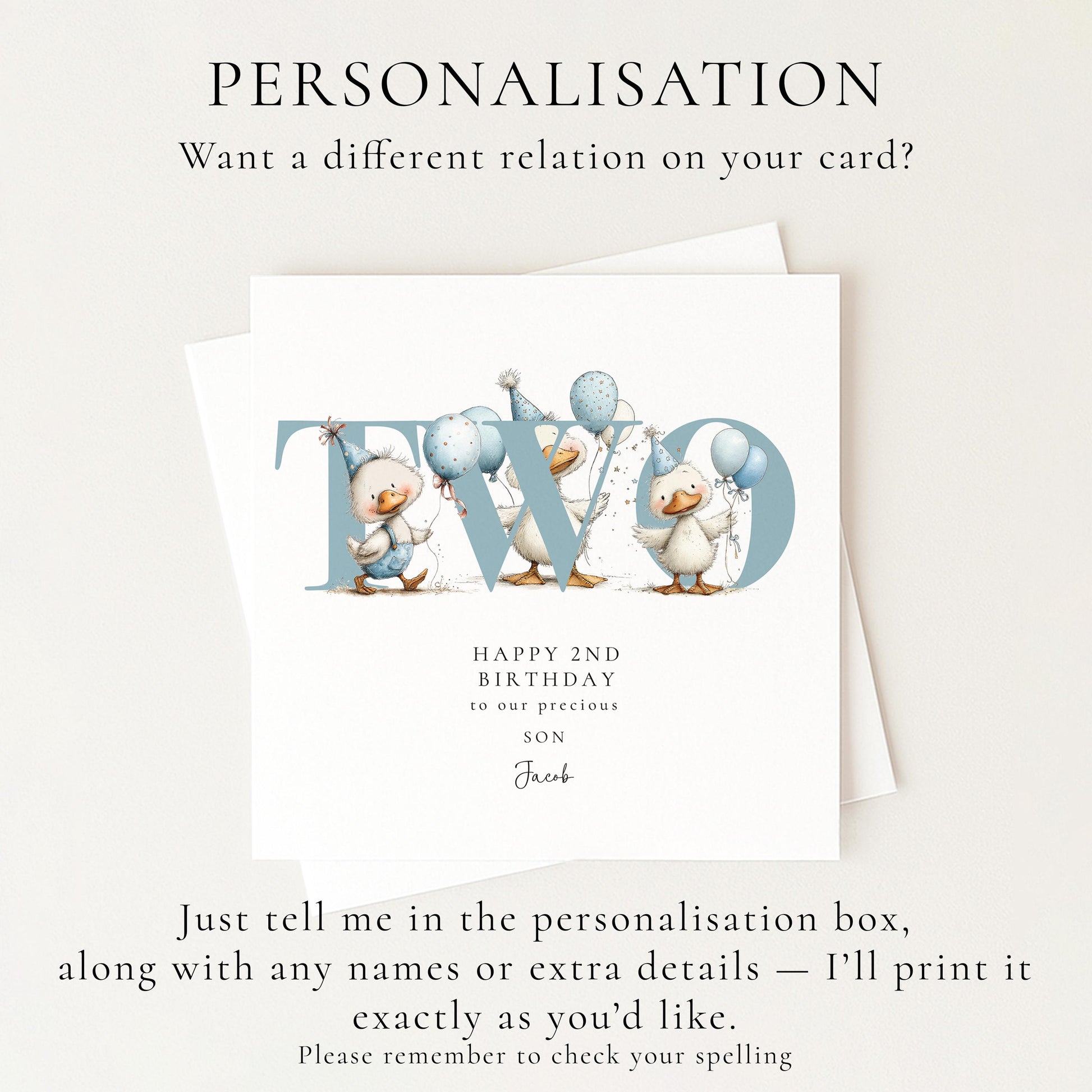 2nd Birthday Card for Son, Duck Birthday Card, Personalised Second Birthday Card, Cute Animal Birthday Card