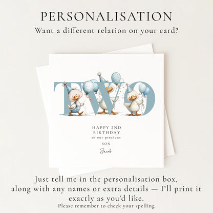 2nd Birthday Card for Son, Duck Birthday Card, Personalised Second Birthday Card, Cute Animal Birthday Card