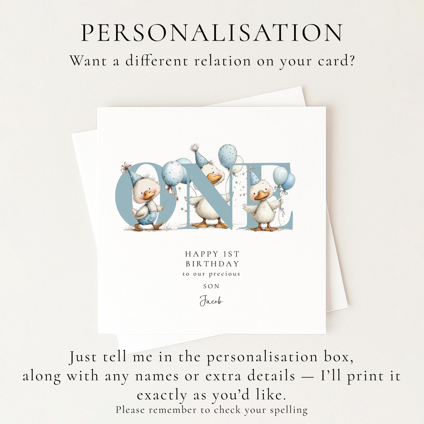 1st Birthday Card for Son, Duck Birthday Card, Personalised First Birthday Card, Cute Animal Birthday Card