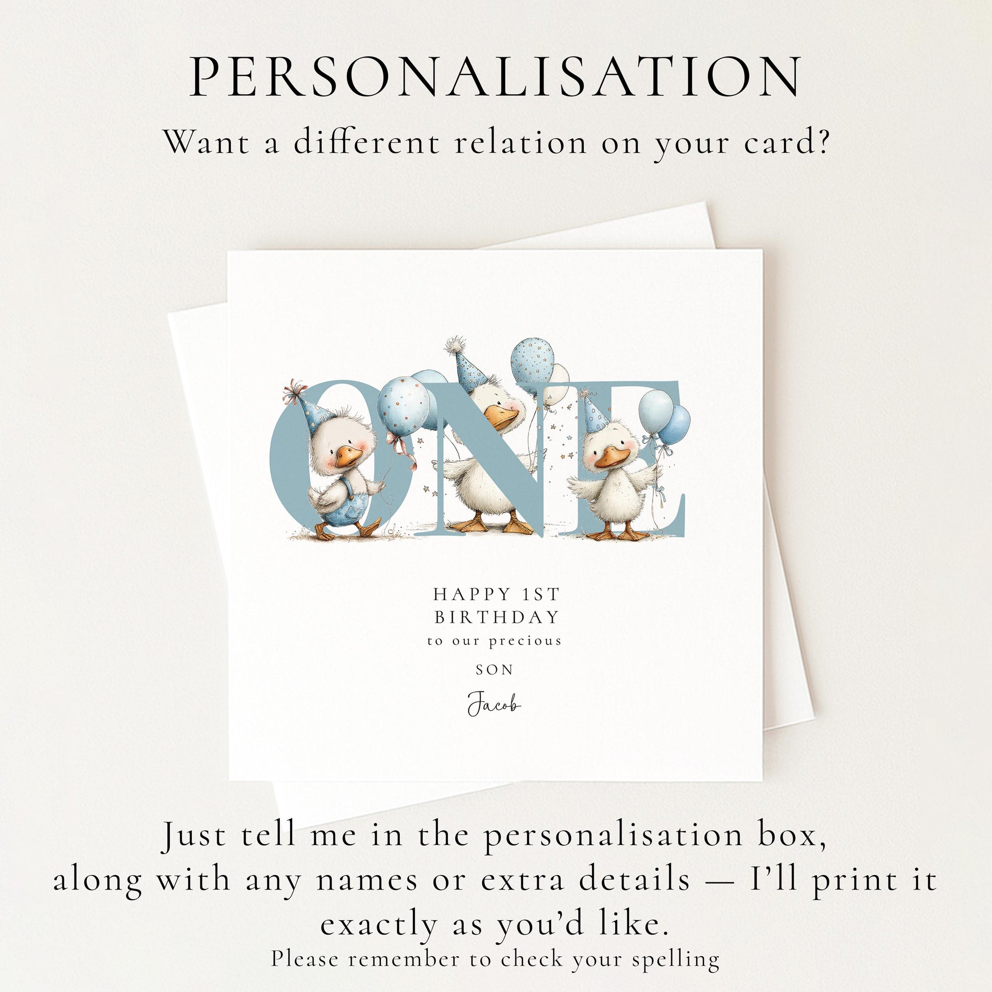 1st Birthday Card for Son, Duck Birthday Card, Personalised First Birthday Card, Cute Animal Birthday Card
