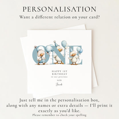 1st Birthday Card for Son, Duck Birthday Card, Personalised First Birthday Card, Cute Animal Birthday Card