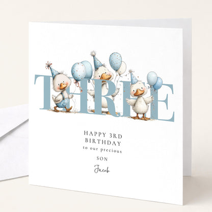 3rd Birthday Card for Son, Duck Birthday Card, Personalised Third Birthday Card, Cute Animal Birthday Card
