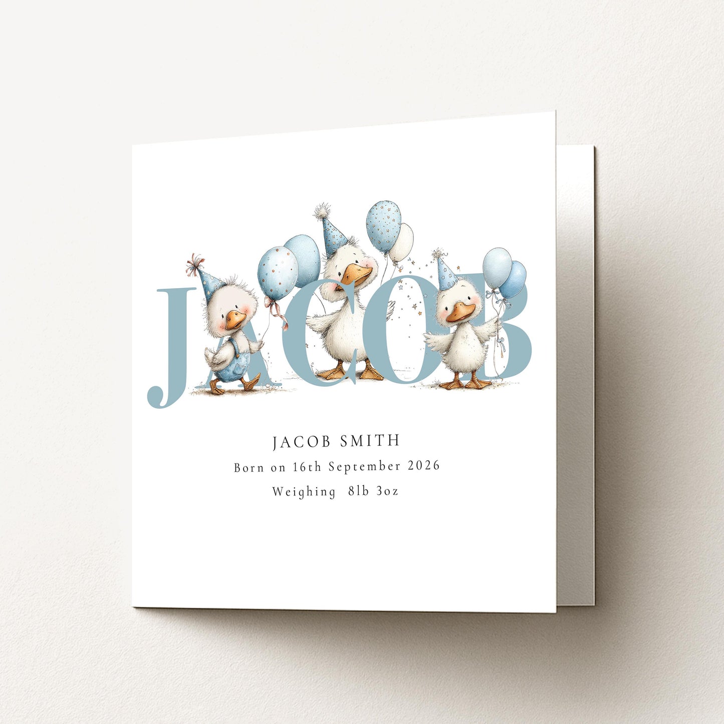 Personalised Duck Birth Card, New Baby Card with Name for Him, Baby Keepsake Card, Blue Duck Nursery Card