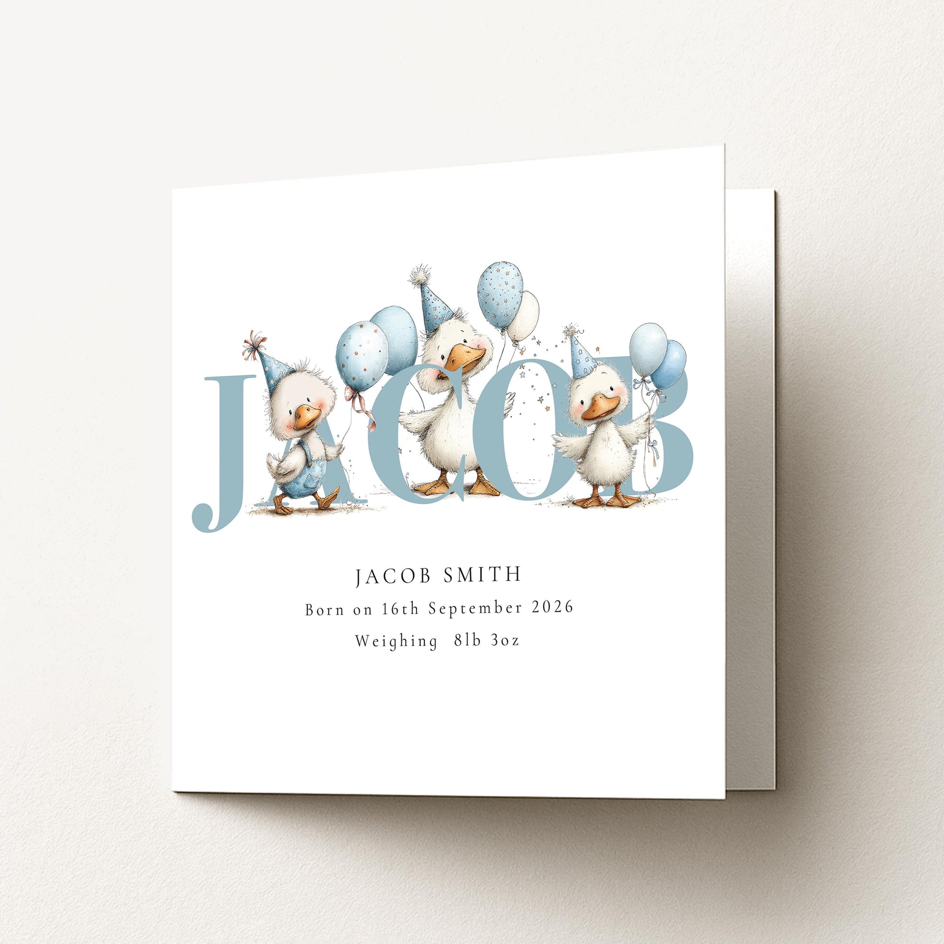 Personalised Duck Birth Card, New Baby Card with Name for Him, Baby Keepsake Card, Blue Duck Nursery Card