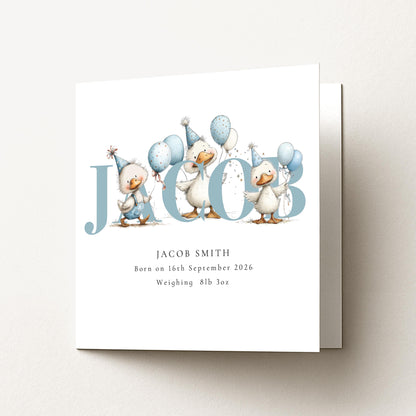 Personalised Duck Birth Card, New Baby Card with Name for Him, Baby Keepsake Card, Blue Duck Nursery Card
