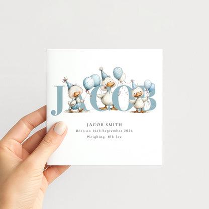 Personalised Duck Birth Card, New Baby Card with Name for Him, Baby Keepsake Card, Blue Duck Nursery Card