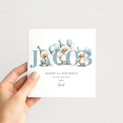 Personalised Duck Birth Card, New Baby Card with Name for Him, Baby Keepsake Card, Blue Duck Nursery Card