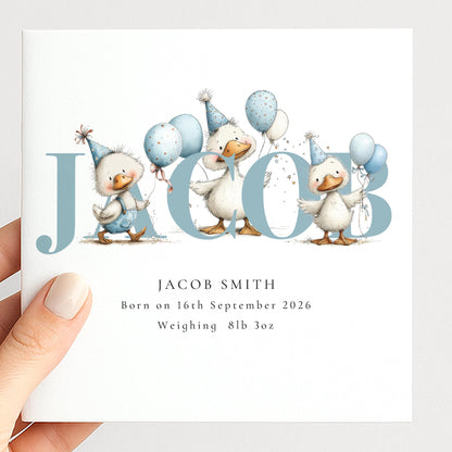 Personalised Duck Birth Card, New Baby Card with Name for Him, Baby Keepsake Card, Blue Duck Nursery Card