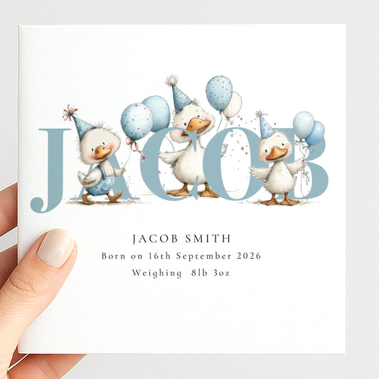 Personalised Duck Birth Card, New Baby Card with Name for Him, Baby Keepsake Card, Blue Duck Nursery Card