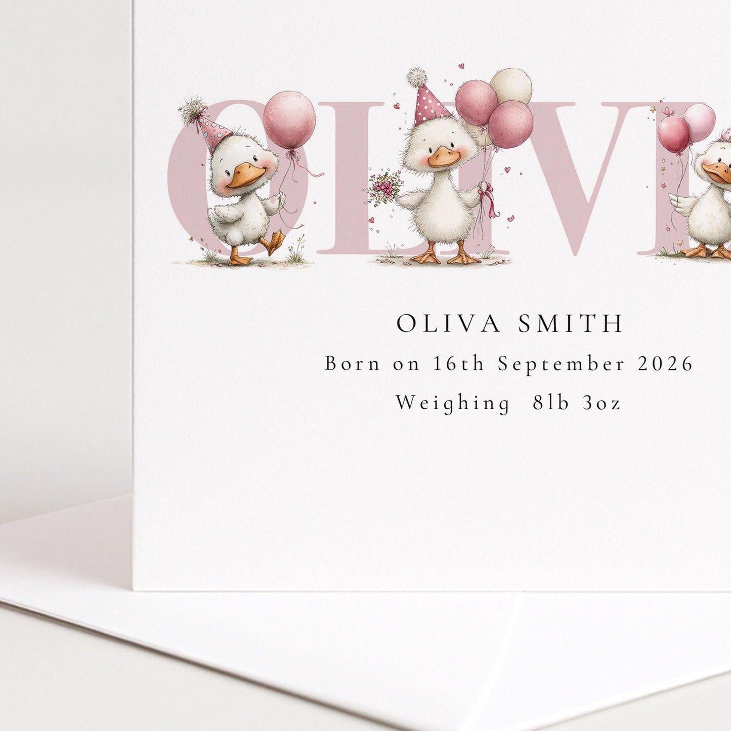 Personalised Duck Birth Card, New Baby Card with Name for Girl Baby Keepsake Card, Pink Duck Nursery Card