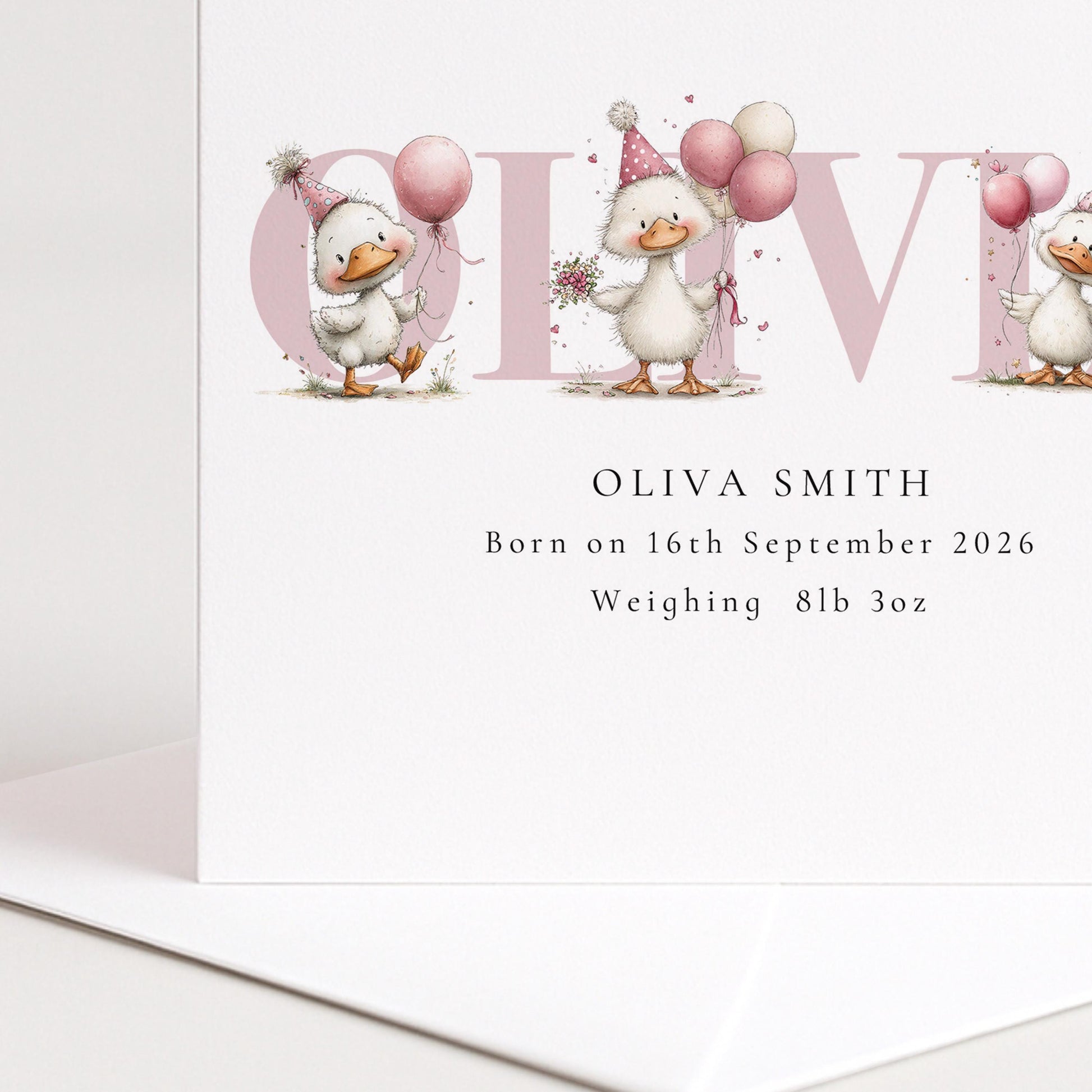 Personalised Duck Birth Card, New Baby Card with Name for Girl Baby Keepsake Card, Pink Duck Nursery Card