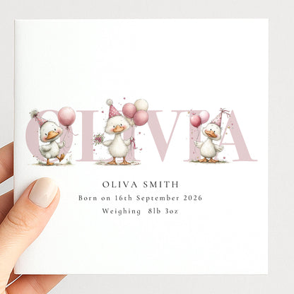 Personalised Duck Birth Card, New Baby Card with Name for Girl Baby Keepsake Card, Pink Duck Nursery Card