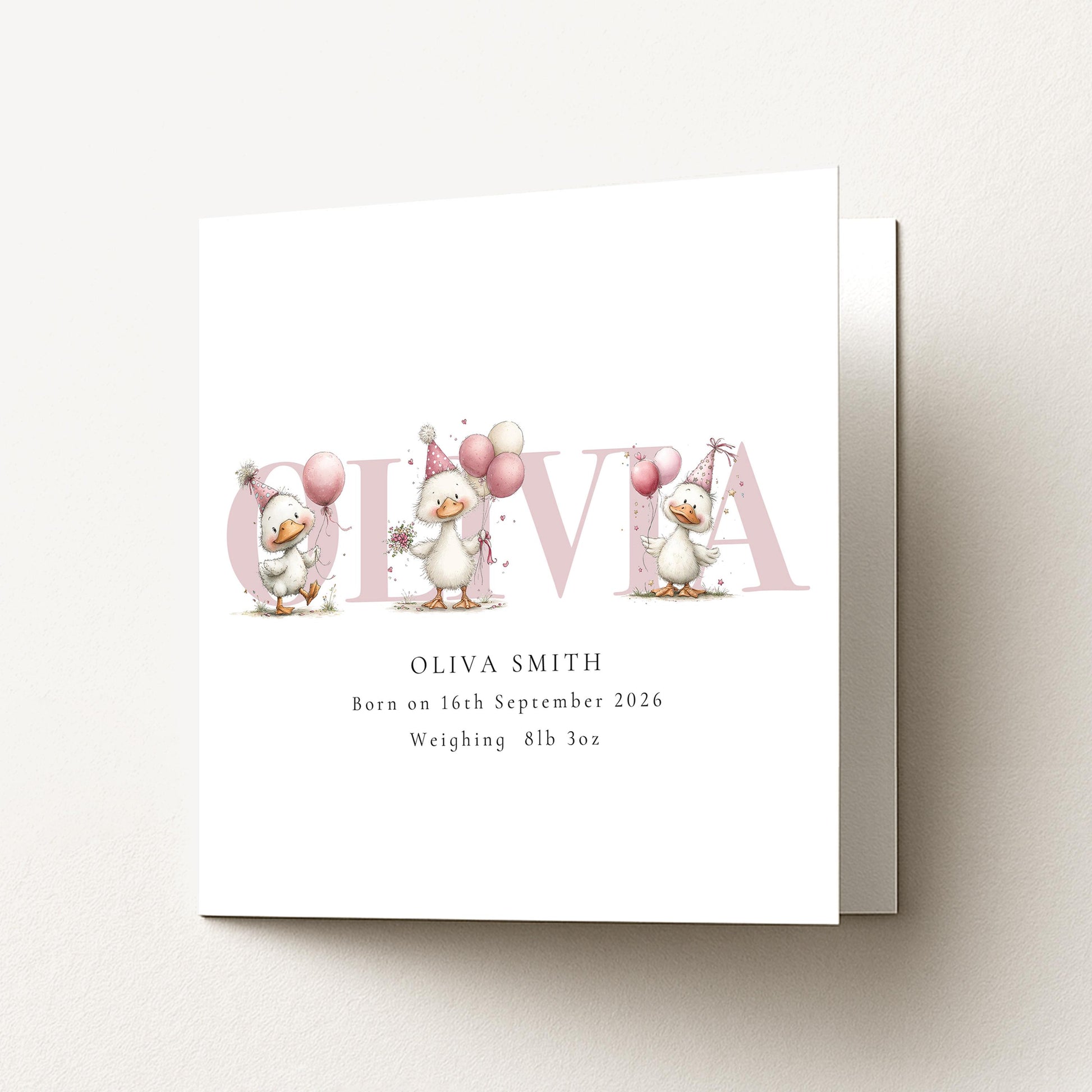 Personalised Duck Birth Card, New Baby Card with Name for Girl Baby Keepsake Card, Pink Duck Nursery Card