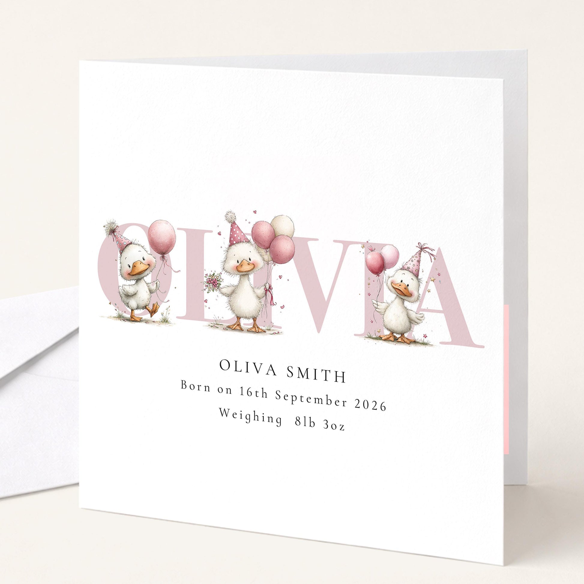 Personalised Duck Birth Card, New Baby Card with Name for Girl Baby Keepsake Card, Pink Duck Nursery Card